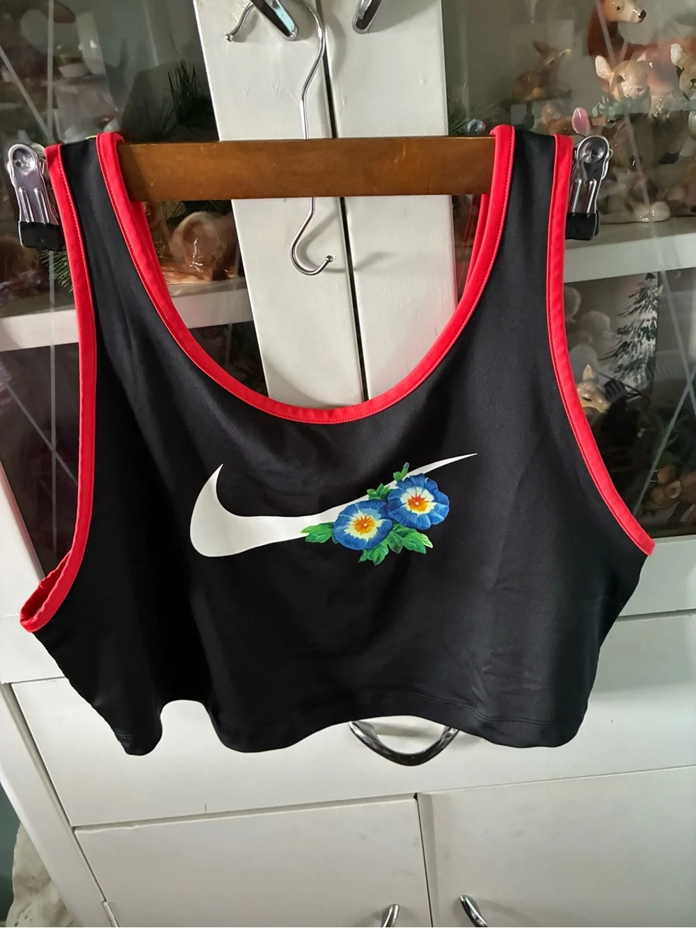 Nike Black Cropped Sports Tank with Floral Swoosh sz S